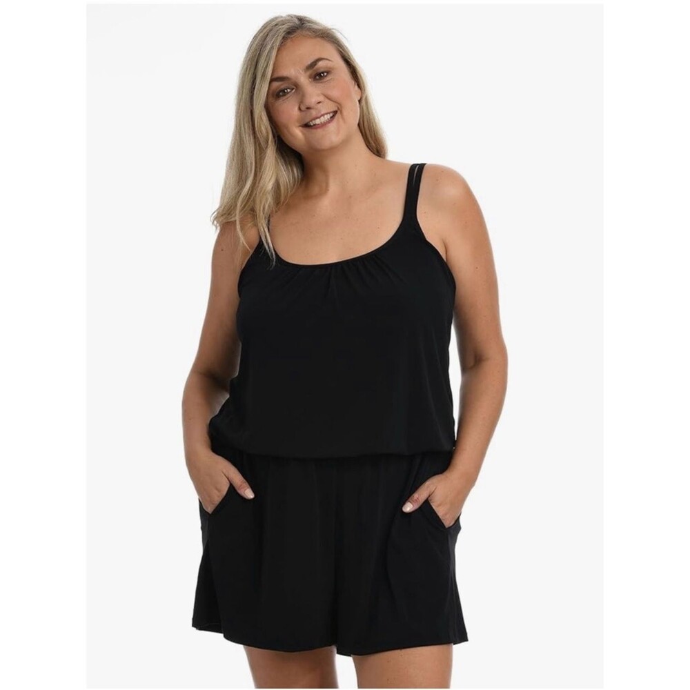 Maxine Of Hollywood Women's Standard Romper One Piece Swimsuit Black 10 NWT